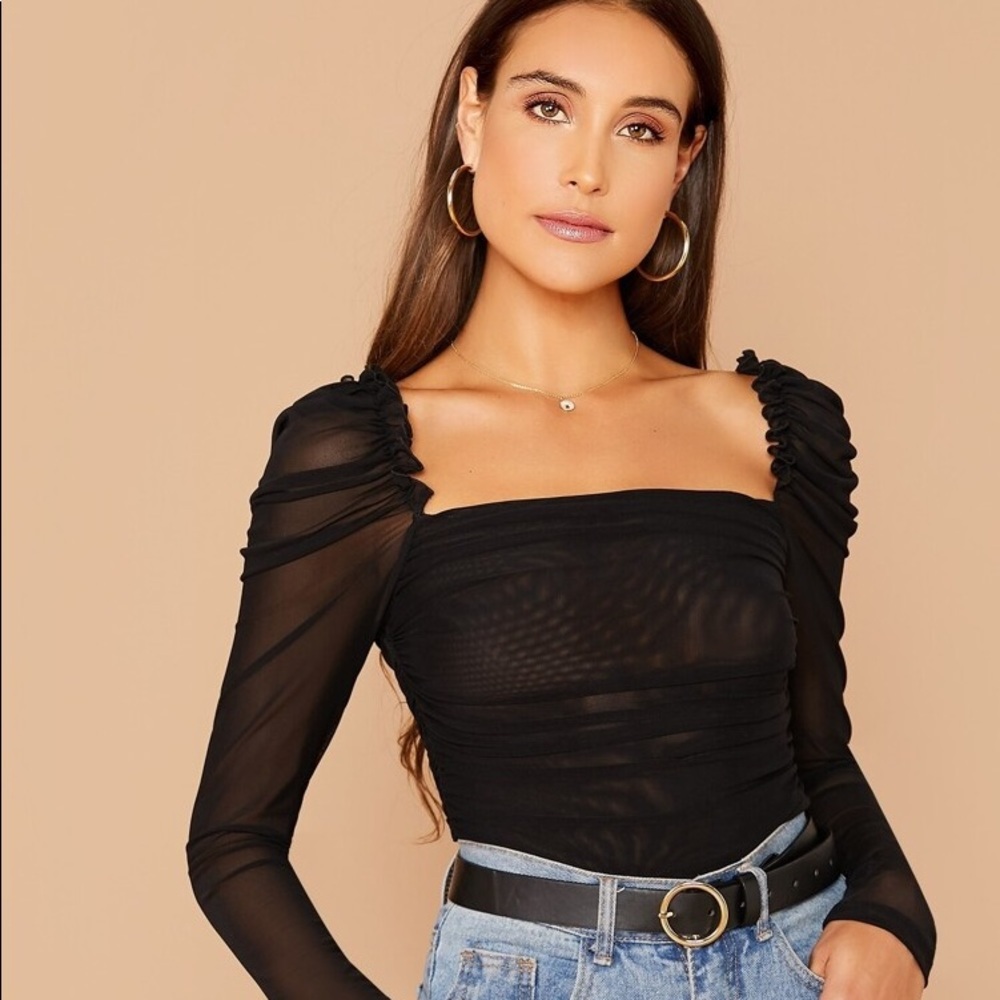 Sheer mesh ruched ruffled top!